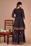 Black Printed Cotton Peplum Style Kurta set with Sharara