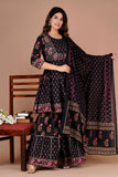 Black Printed Cotton Peplum Style Kurta set with Sharara