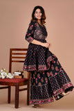 Black Printed Cotton Peplum Style Kurta set with Sharara