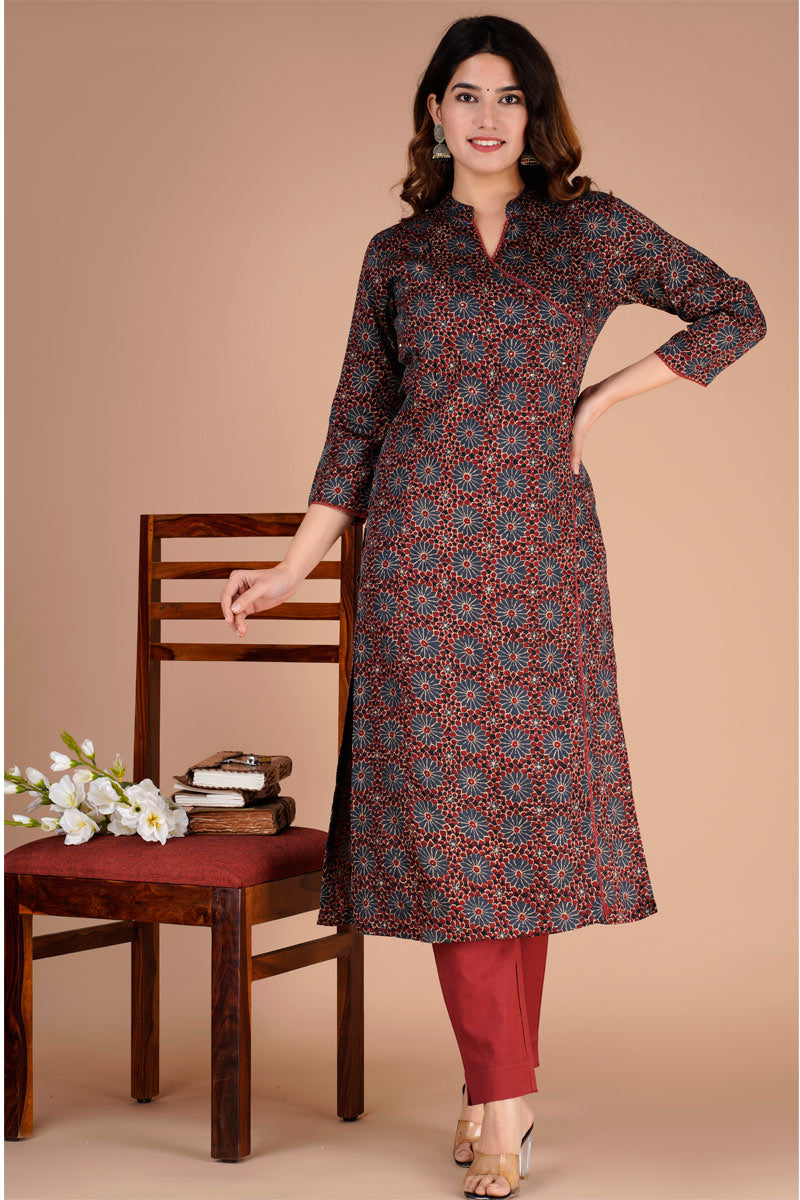 Black Floral Beads work Cotton Silk Kurti with Belt