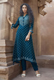 Rama Blue Color Silk Fabric Printed Kurta