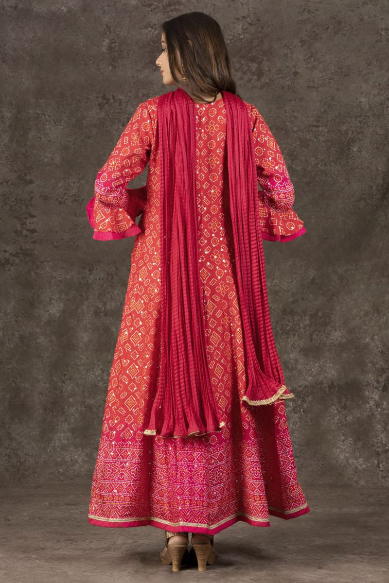 Red Bandhej Anarkali Dress With Pants And Dupatta