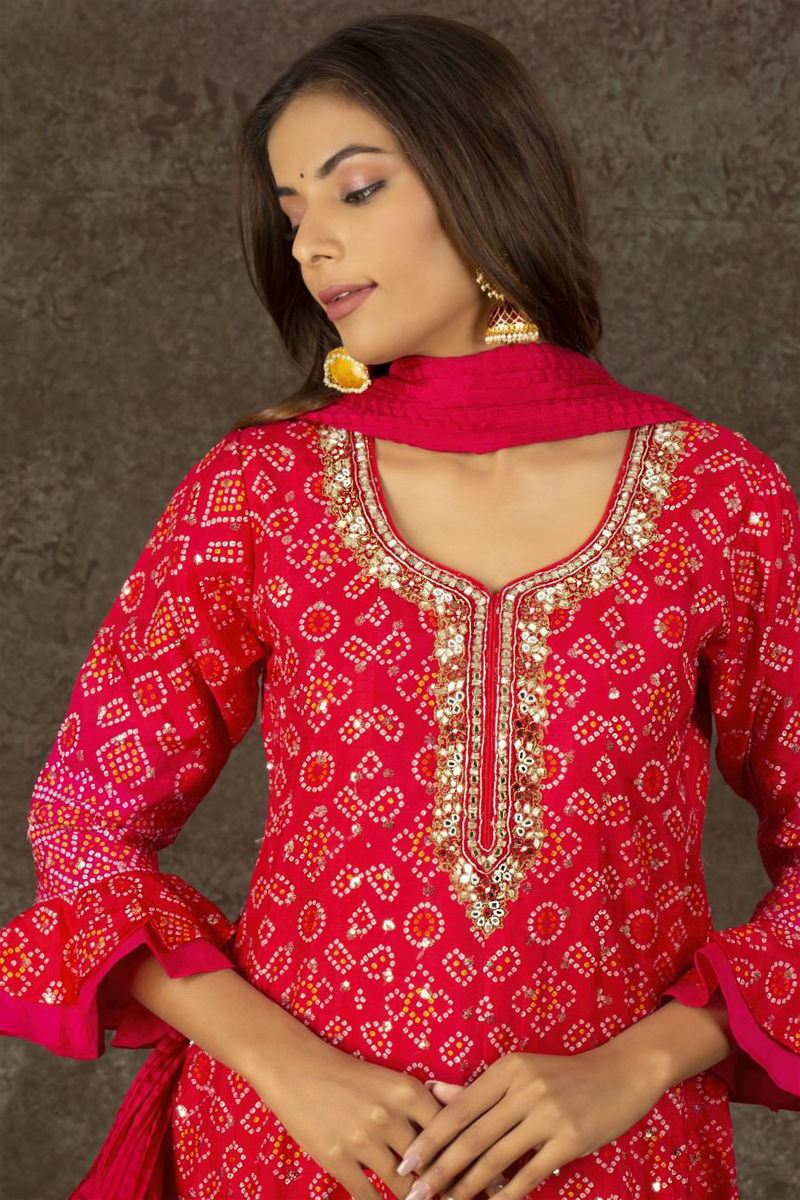 Red Bandhej Anarkali Dress With Pants And Dupatta