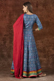 Blue Patola Satin Silk Anarkali With Contrast Dupatta