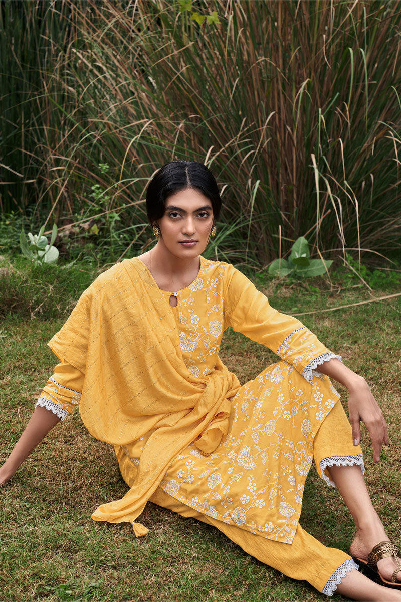 Mustard Yellow  Lucknowi Style Printed kurta set